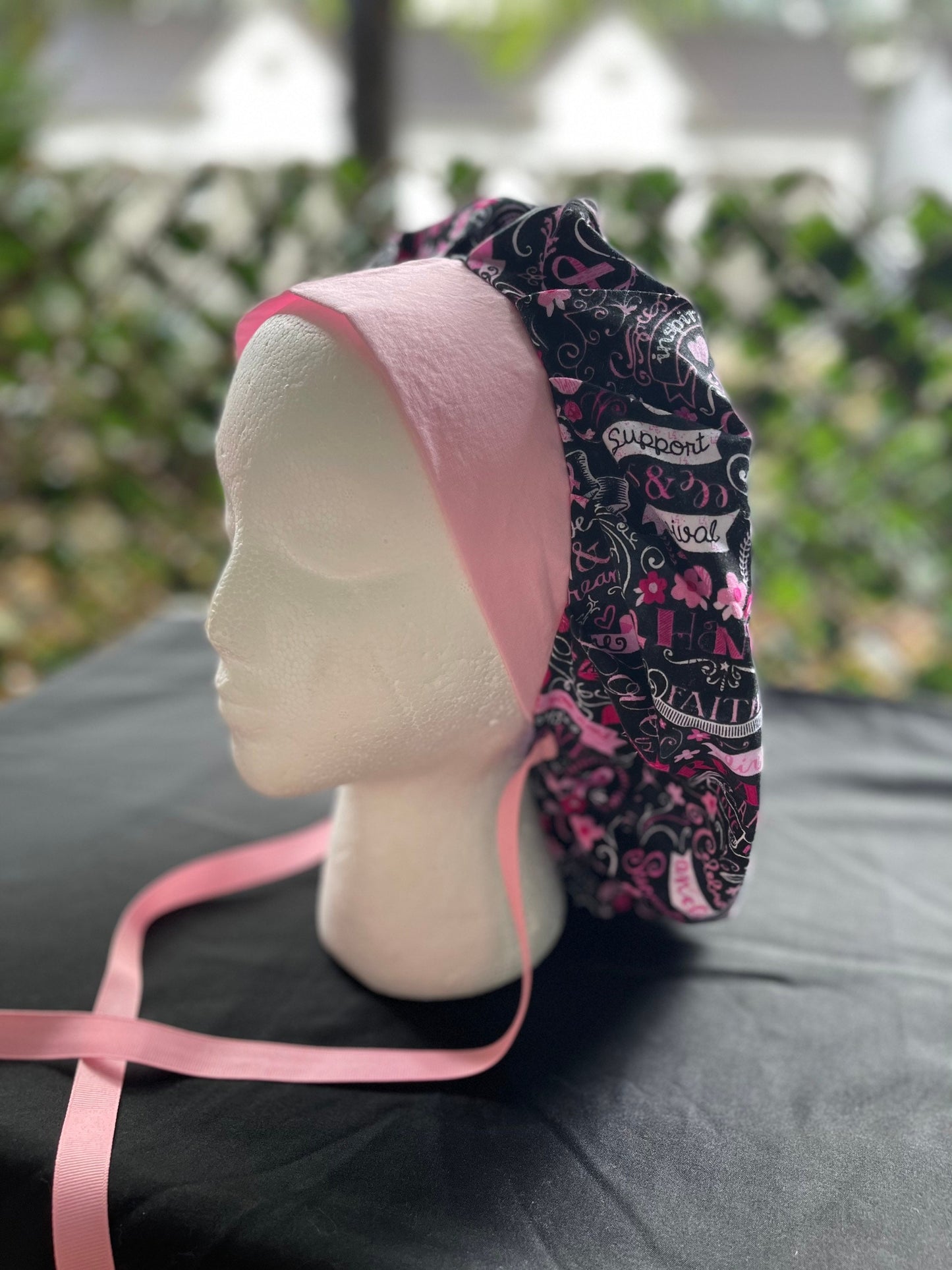 Breast Cancer scrub cap, ponytail scrub hat, pink ribbon, Women's scrub caps