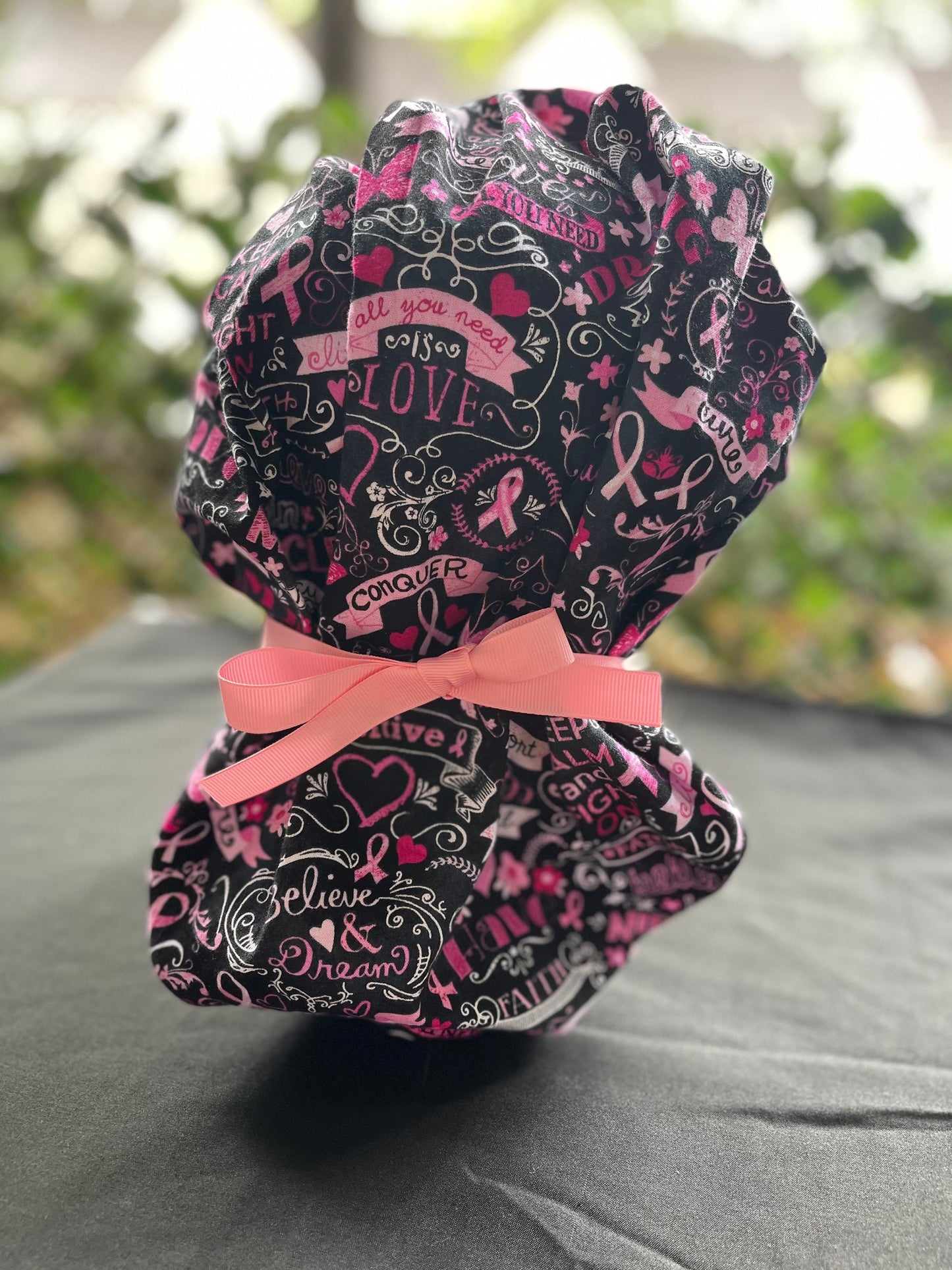 Breast Cancer scrub cap, ponytail scrub hat, pink ribbon, Women's scrub caps