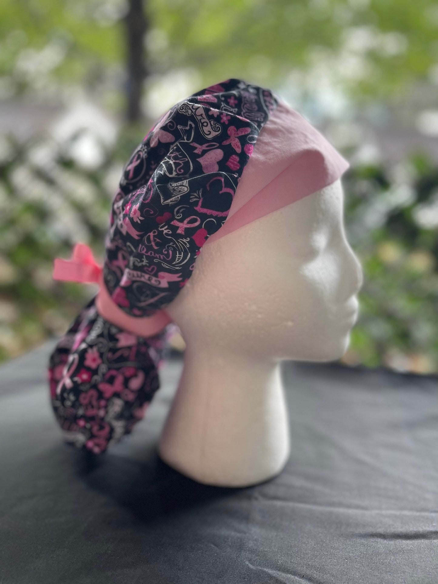 Breast Cancer scrub cap, ponytail scrub hat, pink ribbon, Women's scrub caps