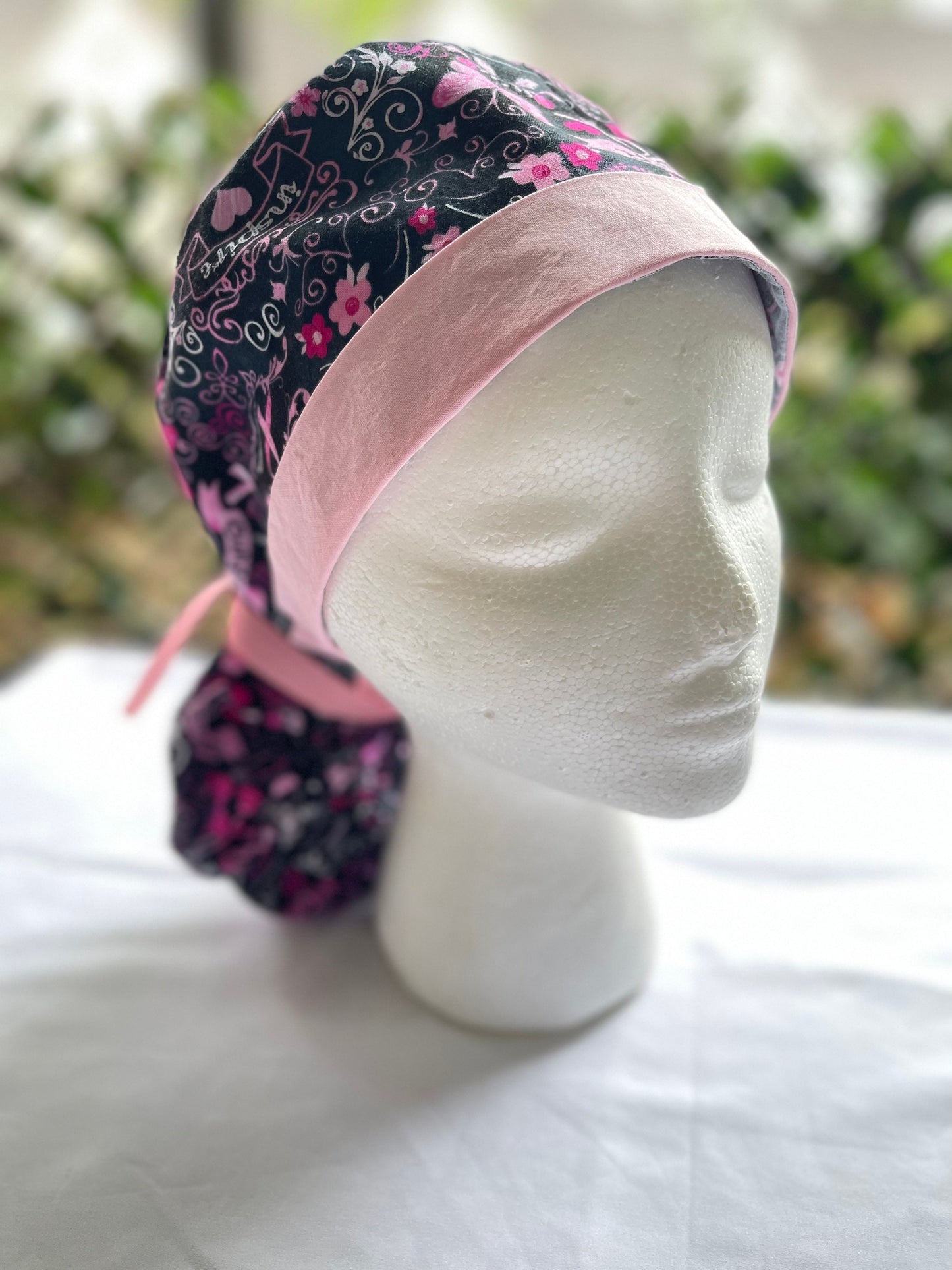 Breast Cancer scrub cap, ponytail scrub hat, pink ribbon, Women's scrub caps