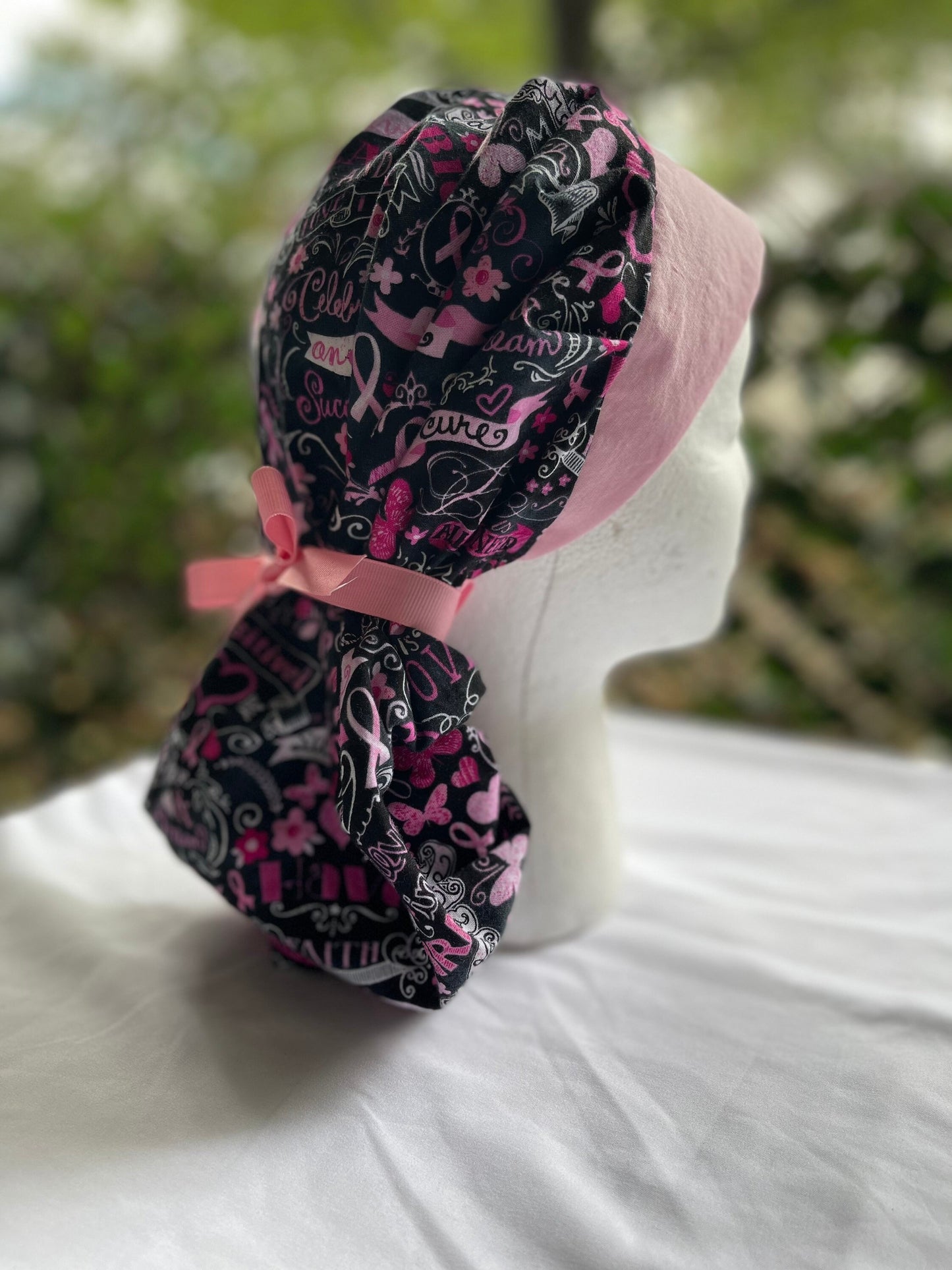 Breast Cancer scrub cap, ponytail scrub hat, pink ribbon, Women's scrub caps