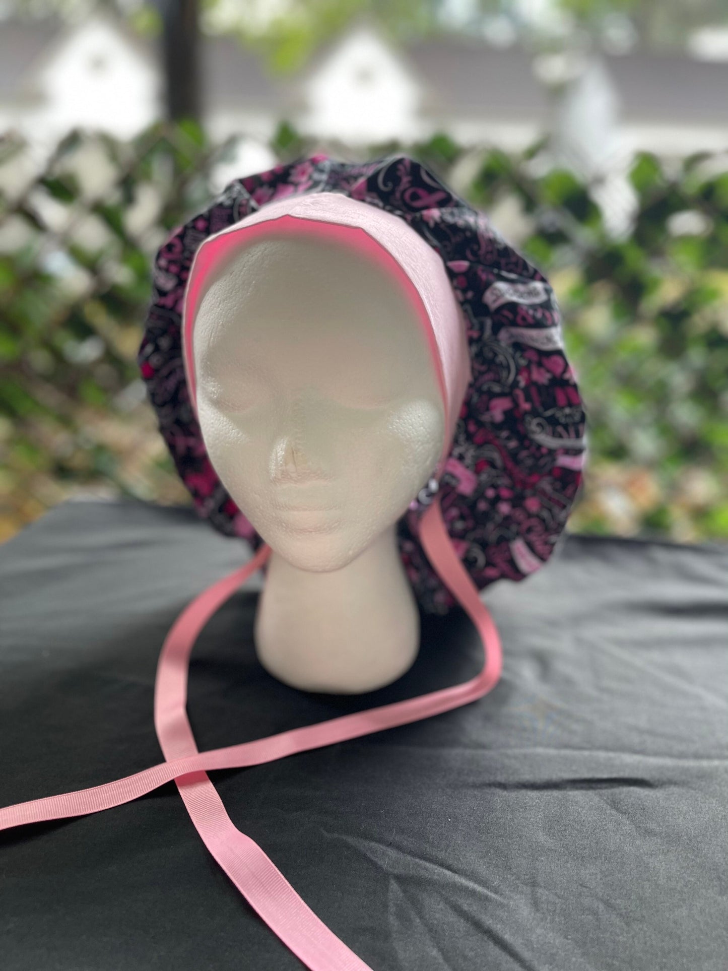 Breast Cancer scrub cap, ponytail scrub hat, pink ribbon, Women's scrub caps