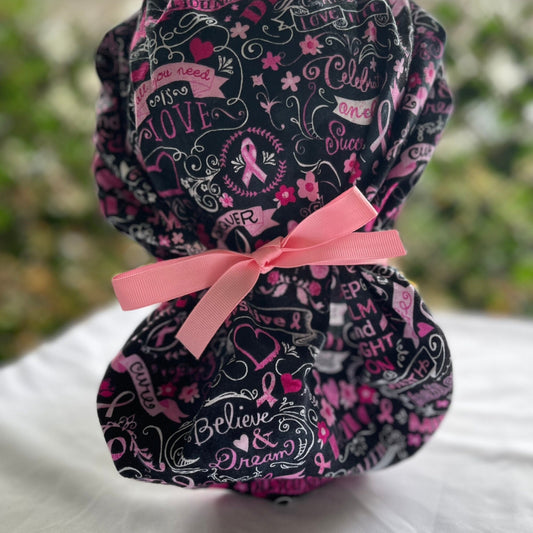 Breast Cancer scrub cap, ponytail scrub hat, pink ribbon, Women's scrub caps