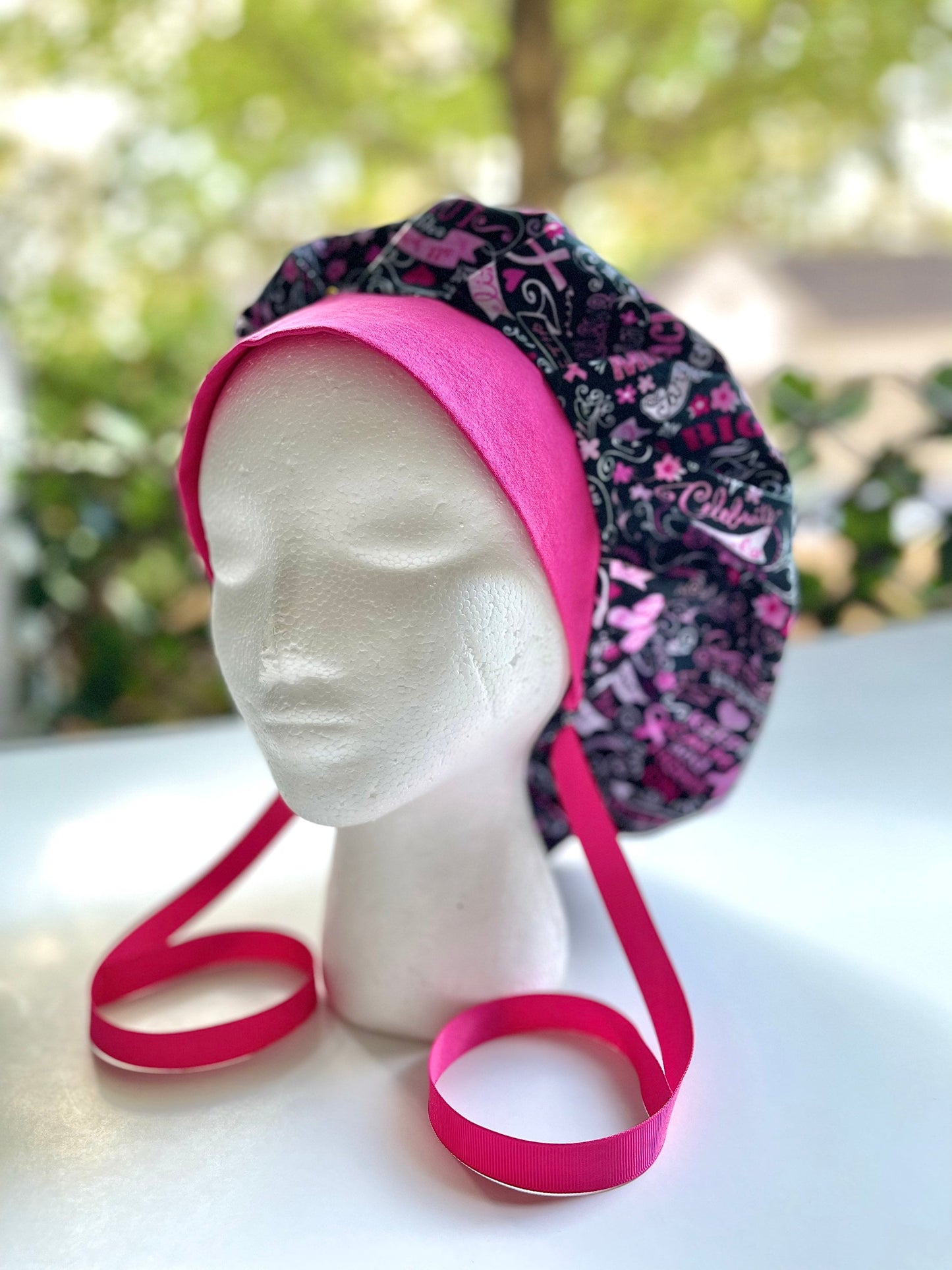 Breast Cancer scrub cap, ponytail scrub hat, pink ribbon, Women's scrub caps