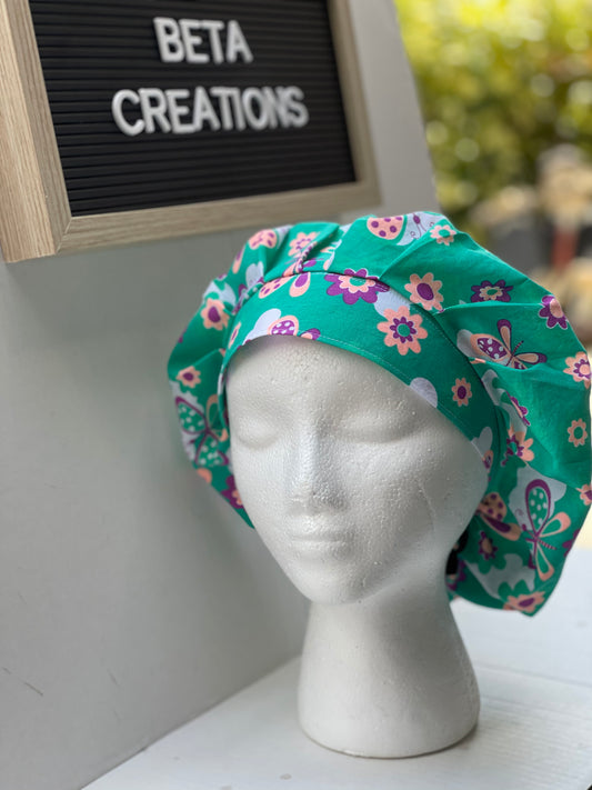 Butterfly and flowers bouffant with adjustable toggle, Womens adjustable bouffant, surgical scrub hats