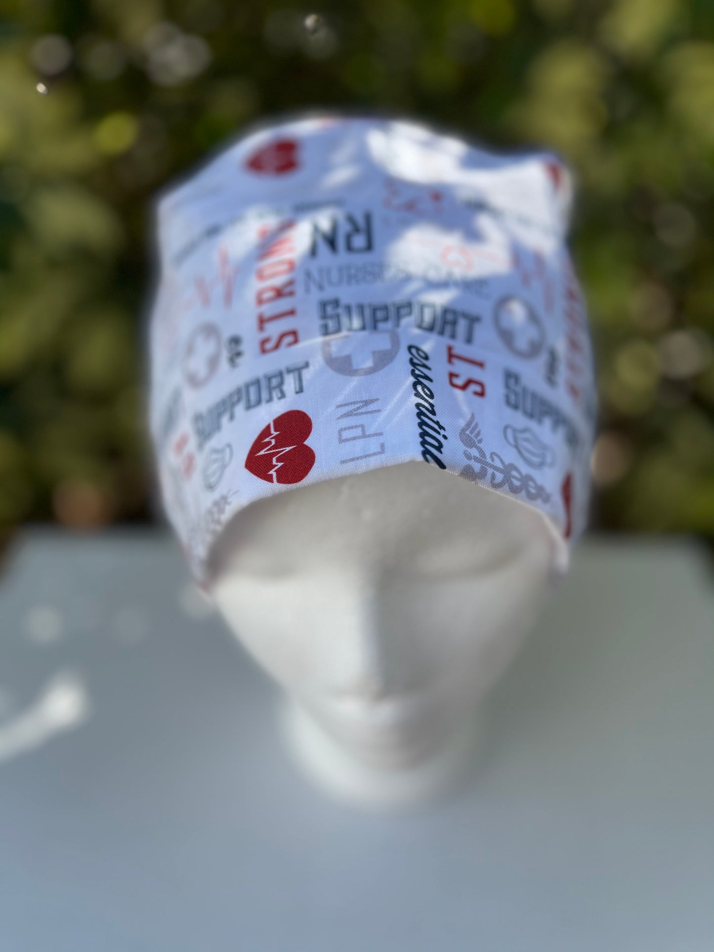 RN support, Pixie Scrub Cap, essential worker, red white and blue.