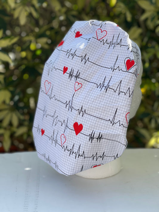 EKG & Hearts large bouffant with adjustable toggle, cardiac ekg