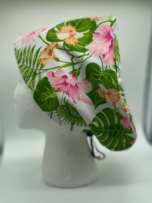 Women’s Euro scrub cap, floral surgical cap, hibiscus,