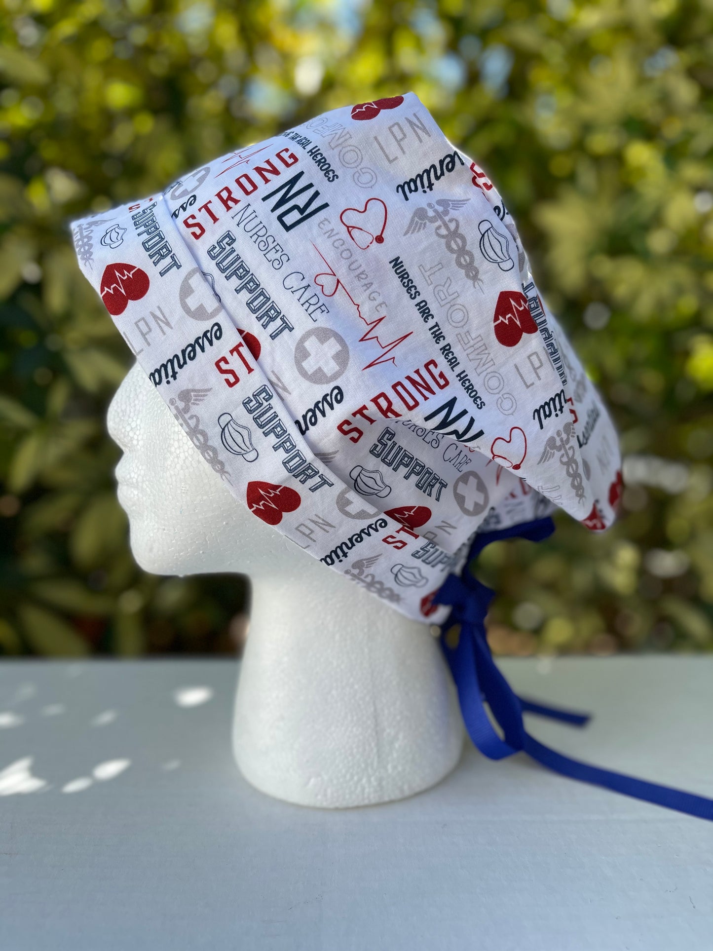 RN support, Pixie Scrub Cap, essential worker, red white and blue.